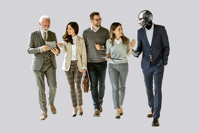2026 Industry Outlook; A diverse group in business attire, including a humanoid robot, walk together cheerfully, suggesting harmony between humans and AI in a professional setting.