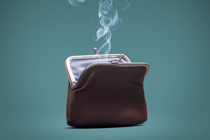Appeals Courts Say Fraud Debts Can Survive Small Business Bankruptcies; A small brown coin purse releases wisps of smoke against a teal background, suggesting emptiness or financial strain; evokes a whimsical yet concerning tone.