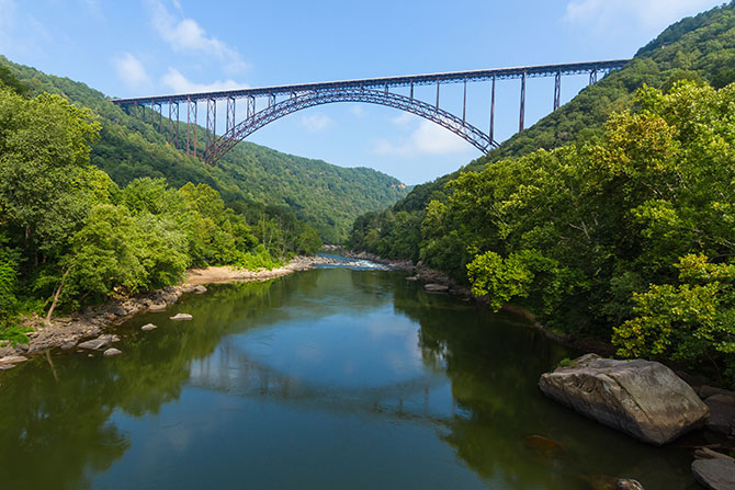 Incremental Effort Leads to Great Results; Steel arch bridge spans over a serene river flanked by lush green forests, under a clear blue sky. The scene conveys tranquility and natural beauty.