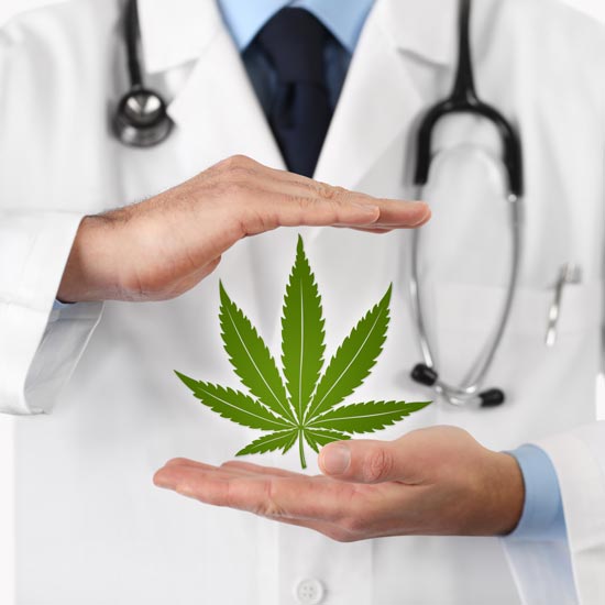 Doctor with cannabis leaf graphic in hands