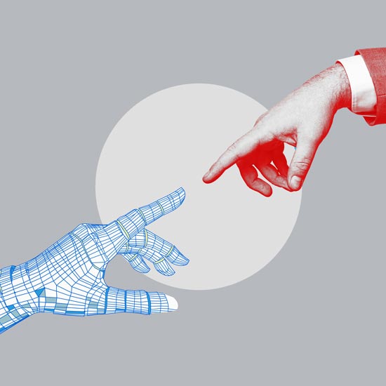 Digital and human hand about to touch